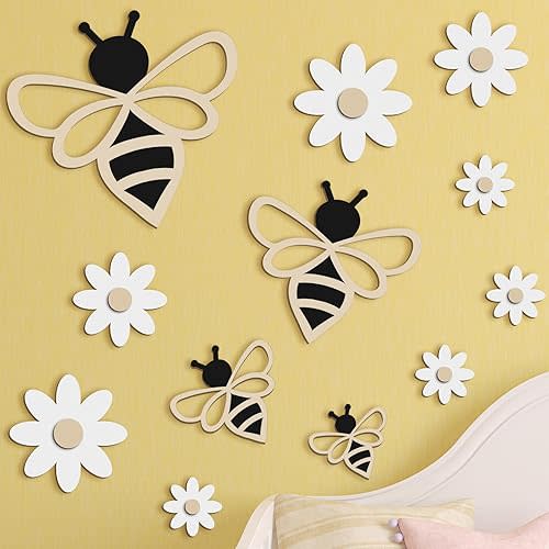 Wonderjune 12 Pieces Wooden Bee Decor Farmhouse Honey Bee Daisy Wall Art Hanging Floral Wall Sign for Nursery Indoor Outdoor Garden Yard Kitchen