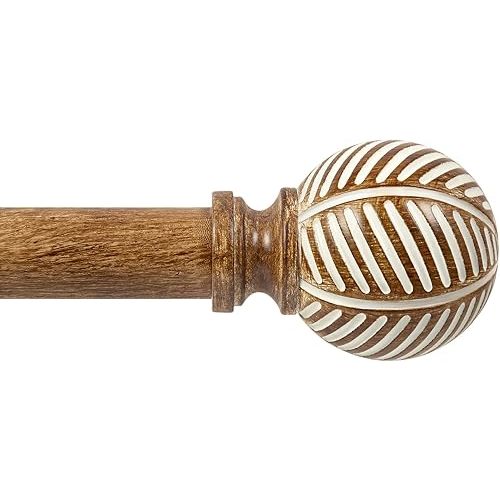 Zeerobee Wood Curtain Rods for Windows 32 to 48, 1 Inch Heavy Duty Drapery Rods with Imitation Wood Grain Leaf Pattern Finials, Indoor/Outdoor Modern Curtain Pole, 32"-48", Coffee Brown