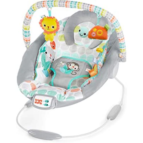 Bright Starts Comfy Baby Bouncer Soothing Vibrations Infant Seat - Taggies, Music, Removable -Toy Bar, 0-6 Months Up to 20 lbs (Whimsical Wild)