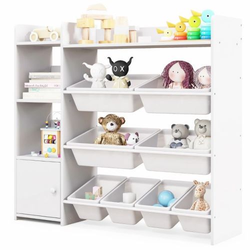 Costway 4-Tier Kids Toy Storage Organizer Bookshelf w/ 8 Toy Organizer Bins Door