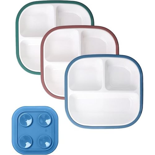 BABELIO 8'' Toddler Porcelain Plates with Silicone Suction Sleeves, Lead & BPA Free, Divided, Microwave & Dishwasher Safe, Stay Put, Suitable for Kids, 3 Pack