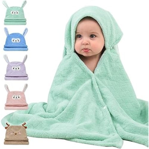 Coral Velvet Hooded Baby Towel - Cute Animal Print, Ultra-Absorbent & Quick-Drying for Newborn to Toddler 27.5x55 Inch, Machine Washable