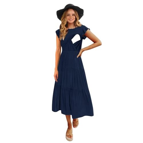 CzzzyL Womens Flutter Short Sleeve Smocked Tiered Nursing Dress for Breastfeeding
