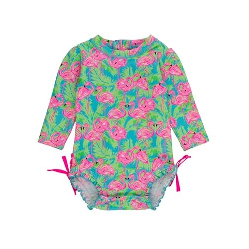RuffleButts Baby Girls UPF 50+ Sun Protection Floral Printed Long Sleeve One Piece Rash Guard Swimsuit with Zipper