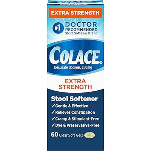 Colace Extra Strength Stool Softener for Gentle Effective Constipation Relief, #1 Doctor Recommended Stool Softener Brand, 250 mg Docusate Capsules, 60 Count (Pack of 1)