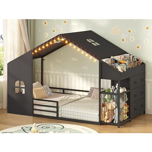 UPOSOJA Montessori Twin Size Floor Bed, House Shape Bed, Tent, Children's Night Light, Toy Storage Cabinets, Drawer, Picture Book Section for Kids Teens Girls Boys