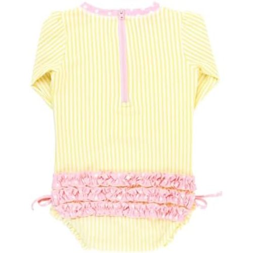 RuffleButts Baby/Toddler Girls Seersucker Long Sleeve One Piece Rash Guard Swimsuit with UPF 50+ Sun Protection