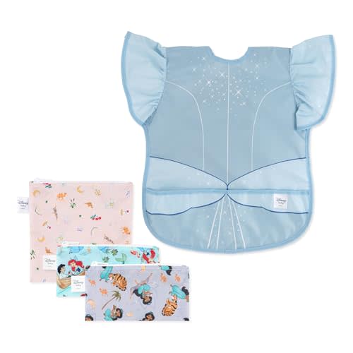 Bumkins Disney Ruffle Apron Bib and 3-pack Snack Bags, Waterproof Fabric, Cinderella