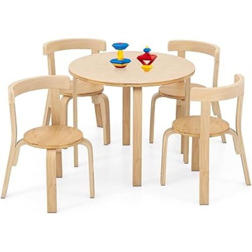HONEY JOY Kids Table and Chair Set, Bentwood Toddler Round Table and 4 Chairs for Craft Art, Building Block, 5-Piece Children Furniture Set for Daycare, Kindergarten, Playroom (Natural)