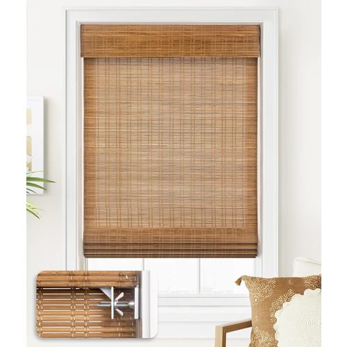 LazBlinds No Tools No Drill Cordless Bamboo Roman Shades, Custom Light Filtering Window Treatment, Roll Up Bamboo Blinds for Windows, Ceylon Light Russe