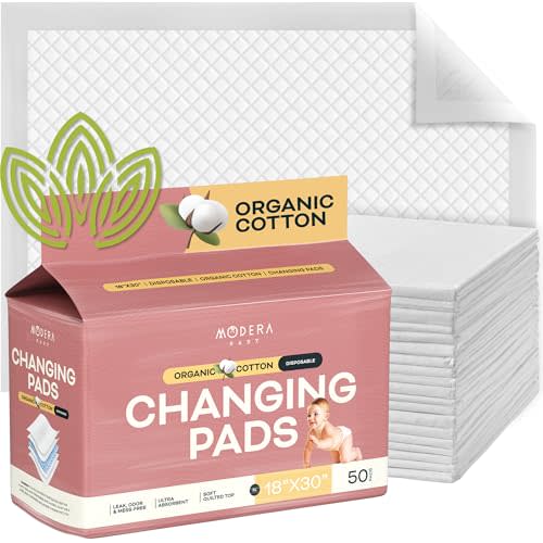 Organic Cotton Disposable Changing Pad Liners | XL-Large (30x18) Hypoallergenic Super Soft Ultra Absorbent & Waterproof Quilted Underpads for Baby Diaper Table & Travel, Leak Proof, Mess Free, 50-Pack