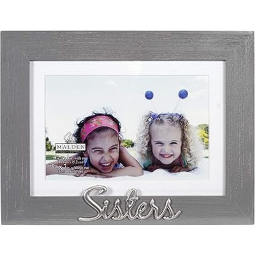 Malden International Designs 4x6 or 5x7 Sisters Distressed Expressions Picture Frame Silver Finish Sisters Word Attachment Gray Textured Wood Grain Finish MDF Frame White Beveled Mat