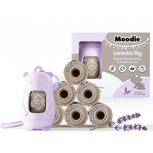 Moodie Disposable Diaper Bags Dispenser COMBO PACK |105 LAVENDER SCENTED Baby Poop Bags TOTAL & 1 Diaper Disposal Bag Dispenser | Dirty Diaper Trash Bags on the Go