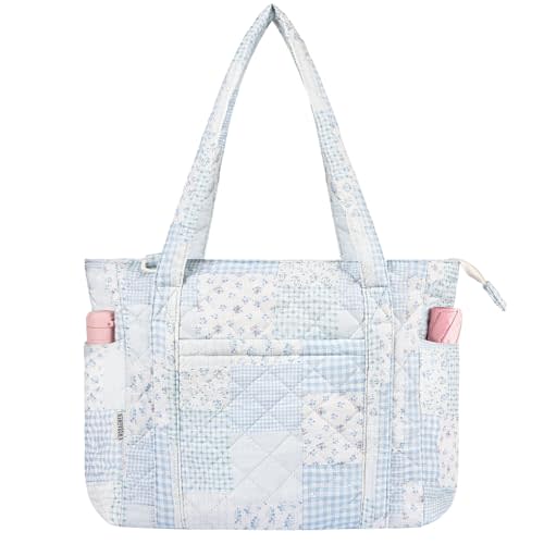 WOBAGMEN Quilted Tote Bag for Women, Floral Quilted Tote Bag with Zipper, Cute Shoulder Bag for Work, Travel, Gym