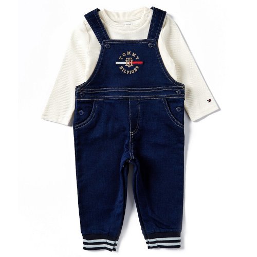 Tommy Hilfiger Baby Boys Newborn-9 Months Sleeveless Denim-Look French Terry Overalls & Long Sleeve RIbbed Thermal T-Shirt