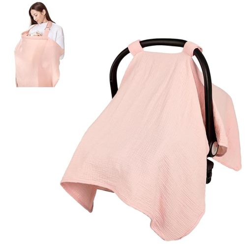 Summer Muslin Infant Car Seat Cover, Breathable Carseat Cover for Baby Girls, Multi-Purpose Breastfeeding Covers for Nursing, Pink