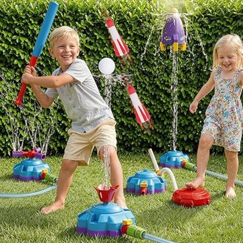 4-in-1 Water Sprinkler for Kids, Water Sprinkler Baseball Toy, Rocket Sprinklers, Rocket Launch Game, 360°Rotating Sprinklers Outdoor Summer Toys for Boys Girls
