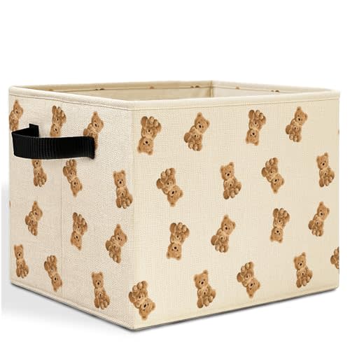 Cute Bear Kids Storage Bins Box with Handles, Bear Nursery Decor, Brown Bears Animal Laundry Basket Hamper Collapsible Clothes Toys Organizer for Kids Room Nursery Playroom Bathroom