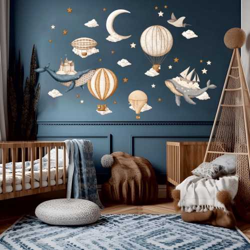 Whale and Hot Air Balloon Nursery Wall Decal Whimsical Sky Adventure Nursery Wall Stickers Moon and Stars Kids Room Decor