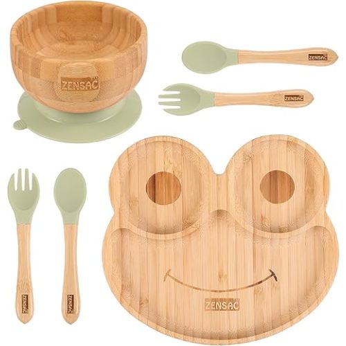 6PCS Bamboo Baby Feeding Set, Baby Suction Bowl & Plate with Silicone Spoons & Forks, Wooden Feeding Supplies for Infant & Toddlers, Baby Led Weaning Supplies Non Slip & BPA Free (Green-Frog)