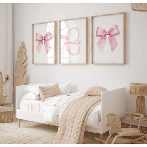 Pink Bow Watercolor Wall Art Set of 3 Prints Personalized Name Sign Girl Room Decor Custom Initial Girly Art, Girls Nursery Decor Printable - Etsy