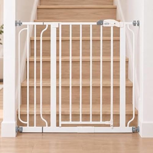 Regalo Safety 29"-38.5" Easy Step Baby Gate, Bottom of Stairs & Doorways | Pressure Mounted with Door, For Babies, Toddlers & Pets, White, Tested & Trusted for 30 Years, Baby Safety Alliance Certified