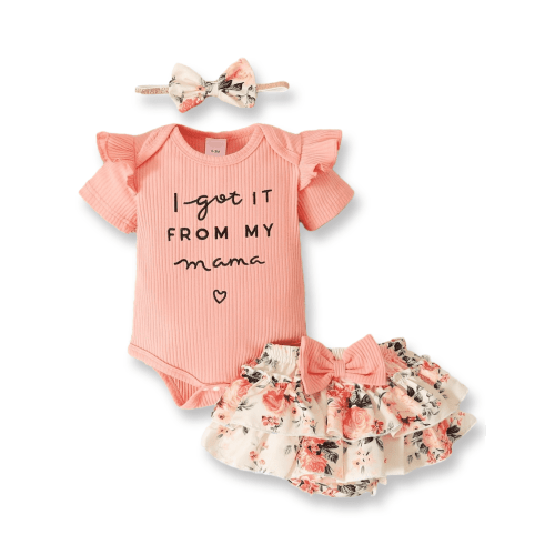 PatPat Baby Girl Cotton Romper Set, Letter Print, Floral Shorts, Headband, 0-18 Months