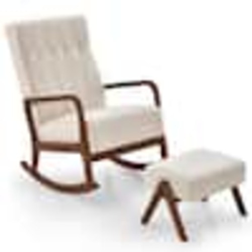 Costway Beige Solid Wood Upholstered Rocking Chair Set of 1 with Ottoman M1C111G1BE