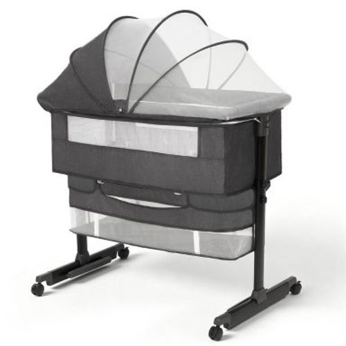 Baby Bassinet Bedside Crib with Adjustable Height, Breathable Mesh Sides, Wheels and Storage Basket,Grey