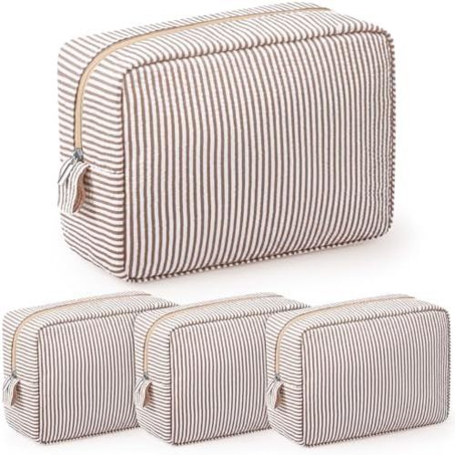 Sanwuta 3 Pcs Seersucker Cosmetic Bag Seersucker Makeup Bag Women Stripe Large Travel Toiletry Organizer Preppy Storage Pouch for Embroidery Wedding Bridesmaid Bride Mom Gift(Khaki)