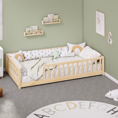 Twin Montessori Floor Bed with Rails | Solid Wood Natural Floor Bed Frame for Kids, Montessori Bed with Slats, No Box Spring Needed