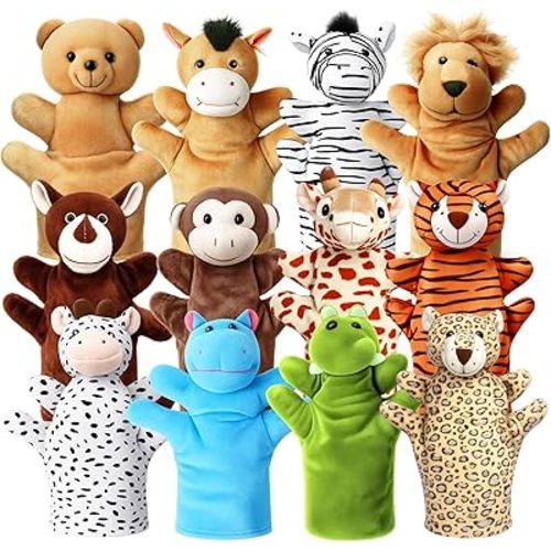 12 Pcs Animal Hand Puppets for Kids, Soft Plush Pretend Play Toddler Toys