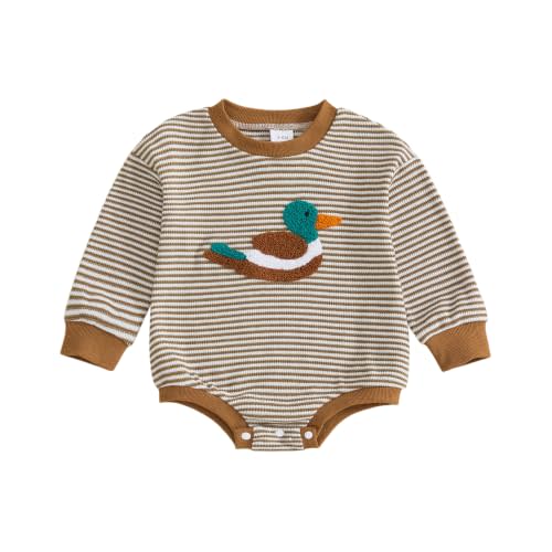 Infant Baby Boy Fall Waffle Stripe Clothes Funny Romper Bodysuit 3 6 12 18M | infant Baby Boy Long Sleeve Romper Striped, Embroidery Duck Fall Bodysuit,Cute Infant Fall Clothes 12-18 months
