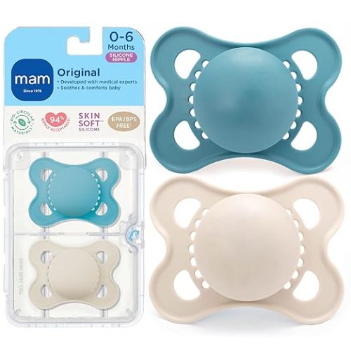 MAM Original Matte Baby Pacifiers 0-6 Months, Binky for Newborn Babies, BPA-Free Skin Soft Silicone Nipple, Easy to Clean, Developed with Medical Experts, 2 Count, With Sterilizer Case, Made in Europe