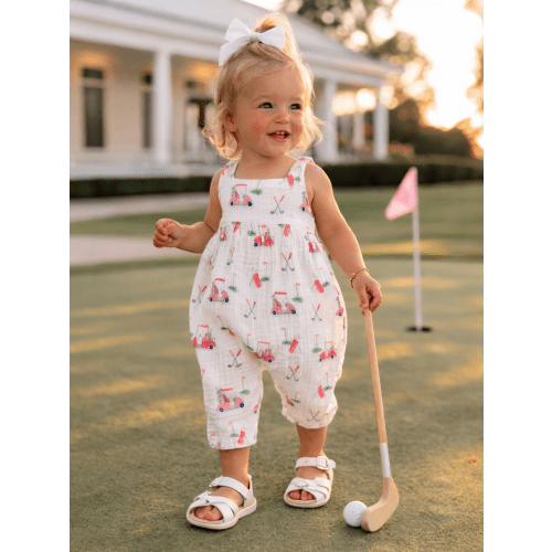 Tie Back Romper, Baby Golf Carts Pink
