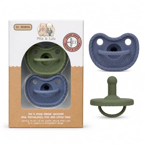 Round Shape Silicone Pacifiers (Set of 2); 0 Months and up; 100% Food-Grade Silicone; Ultra-Light Silicone Binkies Set; 1 Piece Design (Olive/Ocean) - Mila & Lulu
