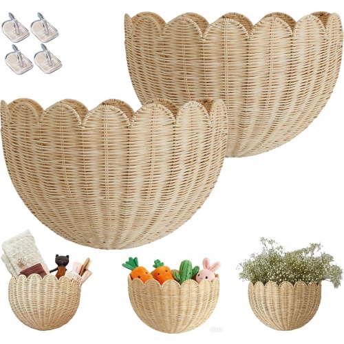 Hand Woven Rattan Wall Baskets, Scalloped Wicker Hanging Basket with Metal Frame & Hook, Minimalist Wall Decor for Home, Entryway, Kitchen, Living Room(16"x7"x10", 2Pcs)