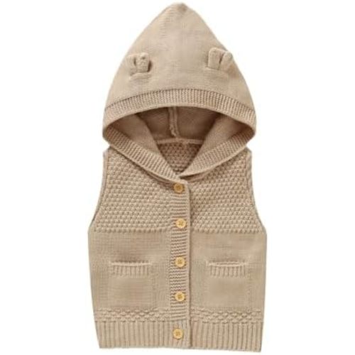 Opewod Baby Hooded Knit Vest Bear Ears Button Coat with pocket