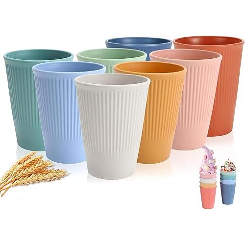 WANBY Wheat Straw Cup 8 Pcs Unbreakable and Reusable Drinking Cups Eco-Friendly Healthy Tumbler Set for Milk Juice and Water Dishwasher Safe (8 Pcs 12 Oz)