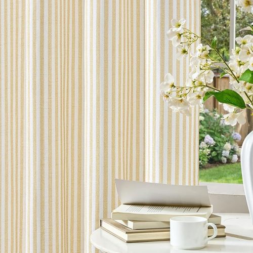 Vangao Linen Striped Curtains for Living Room Bedroom Farmhouse Tickingstripe Light Filtering Window Curtains Printed Drapes Grommet Top 2 Panels Mustard Yellow on Off White W55 x L63 Inch