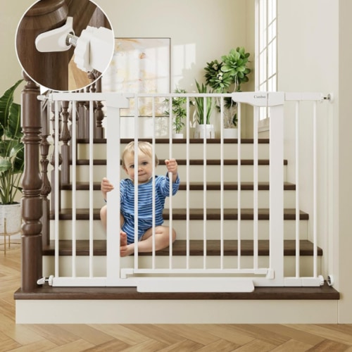 Cumbor 29.7-46" Baby Gate for Stairs, Toddler Safety Essentials for The House, Auto Close Dog Gate for Doorways, Mom's Choice Awards Winner-Easy Install Pressure Mounted Pet Gates for Dogs, White