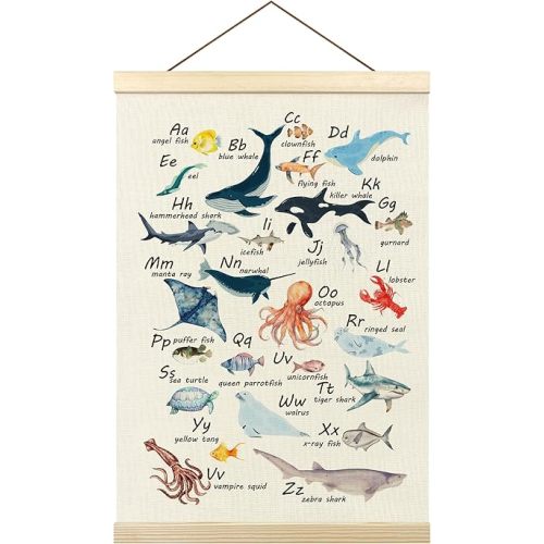 Fish ABC Alphabet Poster Hanger Frame,Ocean Room Decor, Sea Animal ABC Wall Hanging Decor for Nursey Classroom Kids Room Playroom, Nautical Educational Wall Art Prints with Wood Frames, 12x16in