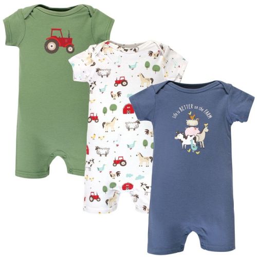 Hudson Baby Infant Boy Cotton Rompers, Boy Farm Animals, 3-6 Months