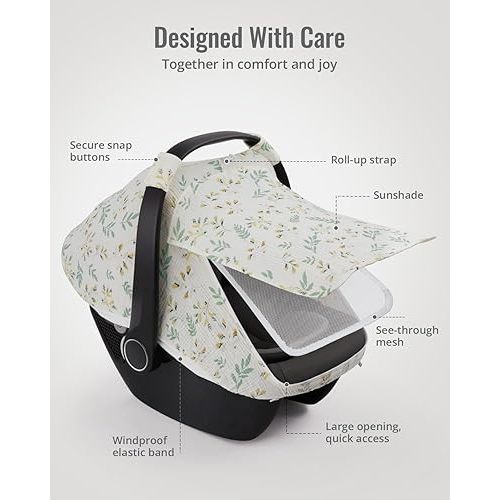 Blissful Diary Baby Car Seat Cover, Extra Large Mesh Window, Breathable Muslin Cotton, Infant Windproof Canopy, Must-Have Baby Gift - Botanical Leaf