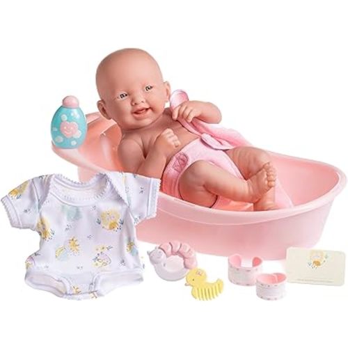 8 piece Layette Deluxe Bathtub Gift Set | JC Toys - La Newborn | 14" Life-Like Smiling Vinyl Newborn Doll w/ Accessories | Pink | Waterproof |Ages 2+