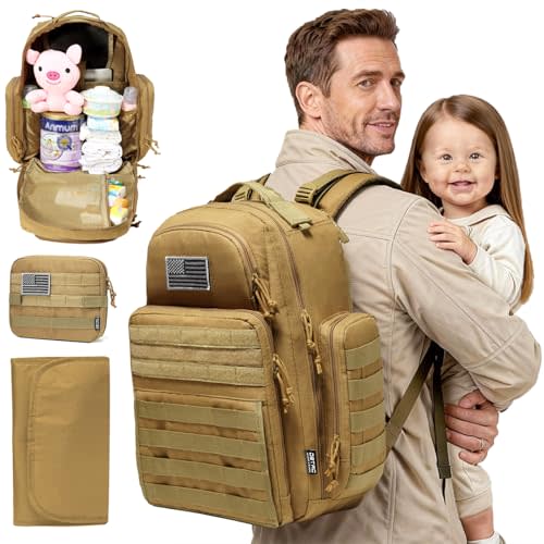 Diaper Bag Backpack for Dad, DBTAC Large Baby Nappy Bag for Men w/Changing Mat, Insulated+Wipe Pockets, Stroller Straps, Brown