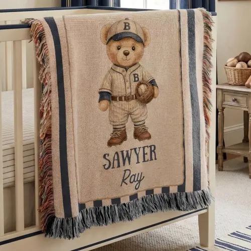 Personalized Baseball Teddy Bear Woven Blanket | Baby Boy Sports Nursery Blanket | Preppy Heirloom Name Keepsake
