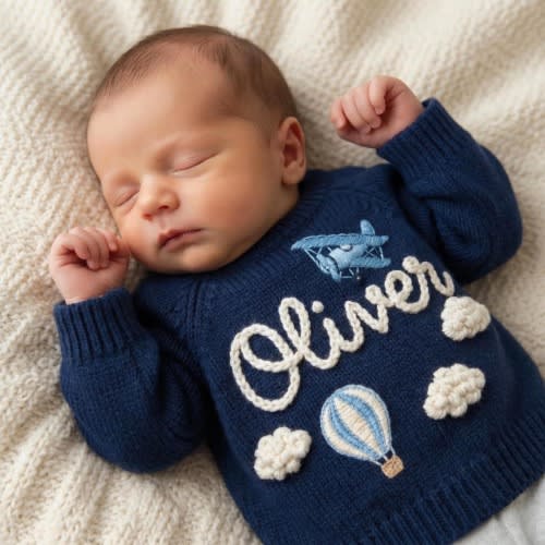 Personalized Baby Sweater | Hand-Embroidered Airplane, Hot Air Balloon, Custom Boy Gift