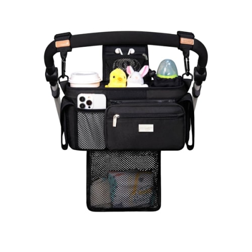 TOPDesign Universal Baby Stroller Organizer, Stroller Caddy with Detachable Mesh Bag & Heightened Insulated Cup Holders & Non-Slip Secure Hooks Accessories, Fits Most Strollers (Black)