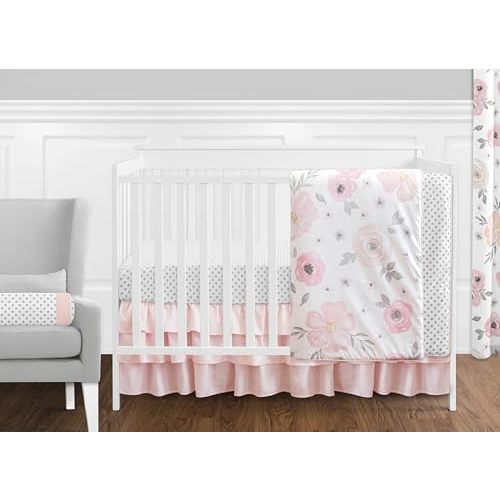 Sweet Jojo Designs 11-Piece Baby Crib Bedding Set (Pink/Grey Boho Floral) for Girls, Infants/Nursery incl. Blanket, Fitted Sheet, Skirt, Diaper Stacker, Valances, Wall Hangings, Toy Bag, Pillow (Rose)